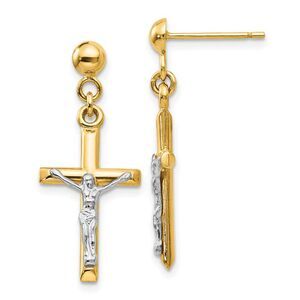 3D Hollow Crucifix Dangle Post Earrings in 14k Two Tone Gold